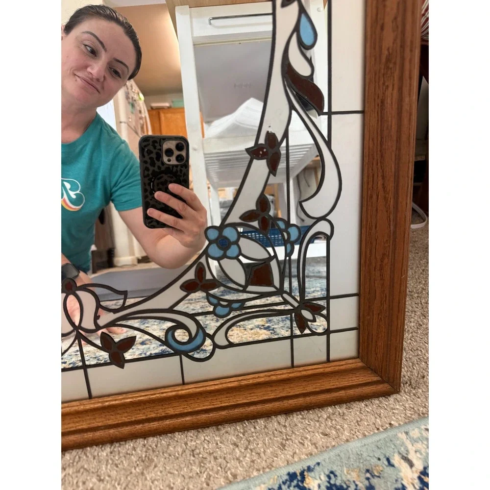 Vintage Faux Stained Glass Floral Wall Mirror Wood Frame Blue Brown 31.5x25.5